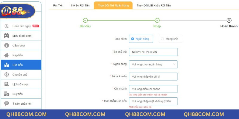 Cập nhật ngân hàng chính chủ để rút tiền QH88