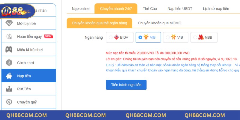 Nạp tiền QH88 qua ngân hàng an toàn và nhanh chóng